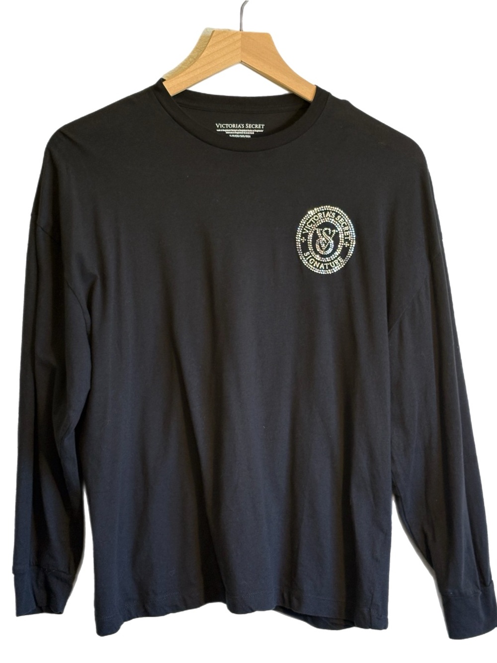 Victoria's Secret Signature Rhinestone Logo Cotton Long-Sleeve Tee Black SP Cozy